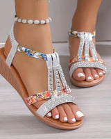 Freya | Damen Riemchen Sandalen mit Blumenmuster in Weiß