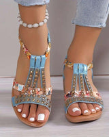 Freya | Damen Riemchen Sandalen mit Blumenmuster in Blau