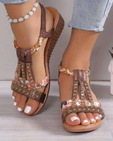 Freya | Damen Riemchen Sandalen mit Blumenmuster in Braun