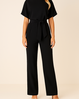 Frieda | Damen Kurzarm Jumpsuit Weites Bein in Schwarz