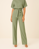 Frieda | Damen Kurzarm Jumpsuit Weites Bein in Olivgrün