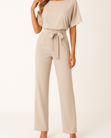 Frieda | Damen Kurzarm Jumpsuit Weites Bein in Beige