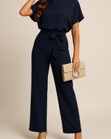 Frieda | Damen Kurzarm Jumpsuit Weites Bein in Marineblau