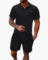 Friedrich | Herren Kurzarm Hemd Shorts Set in Schwarz