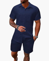 Friedrich | Herren Kurzarm Hemd Shorts Set in Marine Blau