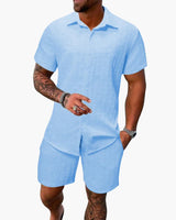 Friedrich | Herren Kurzarm Hemd Shorts Set in Hellblau