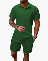 Friedrich | Herren Kurzarm Hemd Shorts Set in Dunkelgrün