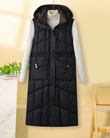 Gabrielle | Damen Lange Steppweste Bodywarmer mit Kapuze, Taschen und Reißverschluss in Schwarz