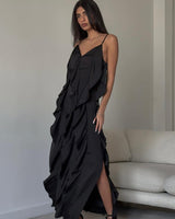 Gala Abendkleid Maxi mit Volants in Schwarz