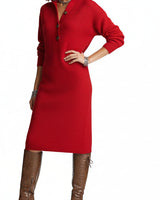 Geripptes Damen-Midikleid aus Strick mit Knopfleiste in Rot