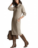 Geripptes Damen-Midikleid aus Strick mit Knopfleiste in Beige Tarnung