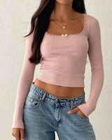 Geripptes Langarm-Top mit Spitze in Rosa