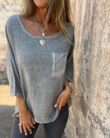 Nadine | Damen 3/4-Arm-Shirt Rundhals mit Brusttasche in Grau