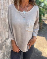 Nadine | Damen 3/4-Arm-Shirt Rundhals mit Brusttasche in Aprikose