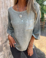 Nadine | Damen 3/4-Arm-Shirt Rundhals mit Brusttasche in Hellgrün