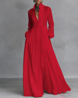 Gesine | Damen Fließendes Langarm Maxikleid mit Kragen in Rot