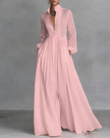 Gesine | Damen Fließendes Langarm Maxikleid mit Kragen in Rosa