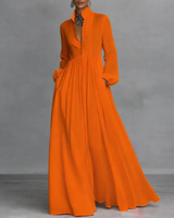 Gesine | Damen Fließendes Langarm Maxikleid mit Kragen in Orange