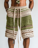 Gestreifte Herren-Shorts mit Lochmuster und Kordelzug in Grün