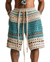 Gestreifte Herren-Shorts mit Lochmuster und Kordelzug in Blau