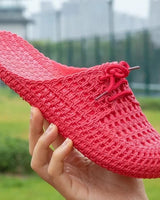 Gewebte Damen Mules sind atmungsaktive Sommer Slipper in Dunkelrosa