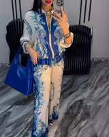 Katya - Eleganter Blumen Drucken Zweiteiliges Set in Blau