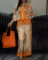 Katya - Eleganter Blumen Drucken Zweiteiliges Set in Orange