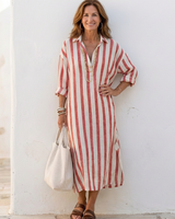Hannelore | Damen Gestreiftes Langarm Midi Hemdblusenkleid in Rot