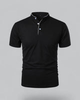 Henley T-Shirt Herren Kurzarm Stehkragen in Schwarz