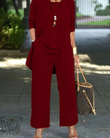 Henriette | Damen Dreiteiler Set mit Weiter Hose in Weinrot