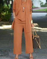 Henriette | Damen Dreiteiler Set mit Weiter Hose in Karamell