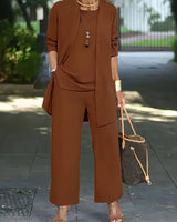 Henriette | Damen Dreiteiler Set mit Weiter Hose in Dunkelbraun