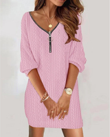Hermine | Damen Strickkleid mit Strick Muster, V Ausschnitt und Reißverschluss Design in Rosa