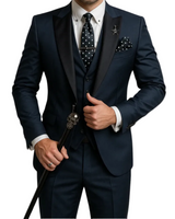 Herren Anzugset mit Sakko, Weste und Hose mit Reverskragen in Marineblau