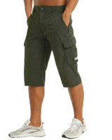 Herren Cargo Shorts Knielänge Seitentaschen Gürtelschlaufen Knopfverschluss in Dunkelgrün