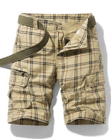 Herren Cargo Shorts mit Karomuster und Gürtel und Beintaschen in Khaki