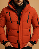Niklas | Herren Dicke Gefütterte Winterjacke mit Reißverschluss und Kapuze in Orange