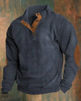 Alexander | Herren Gerippter Strickpullover Knopfleiste am Kragen Wildleder-Ellbogenpatch in Marineblau