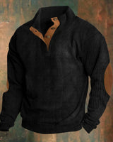 Alexander | Herren Gerippter Strickpullover Knopfleiste am Kragen Wildleder-Ellbogenpatch in Schwarz