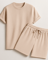 Herren Geripptes Set Mit Kurzarm Shirt Und Shorts in Beige