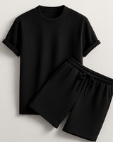 Herren Geripptes Set Mit Kurzarm Shirt Und Shorts in Schwarz