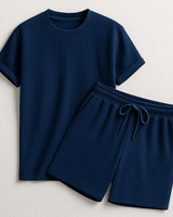 Herren Geripptes Set Mit Kurzarm Shirt Und Shorts in Marineblau