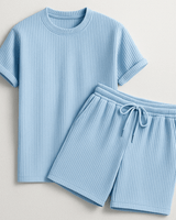 Herren Geripptes Set Mit Kurzarm Shirt Und Shorts in Hellblau