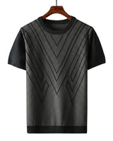 Herren Kurzarm Strickoberteil mit geometrischem V Muster in Schwarz