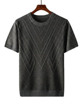 Herren Kurzarm Strickoberteil mit geometrischem V Muster in Grau