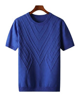 Herren Kurzarm Strickoberteil mit geometrischem V Muster in Königsblau