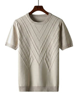 Herren Kurzarm Strickoberteil mit geometrischem V Muster in Aprikose