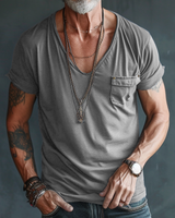 Herren Kurzarm T-Shirt mit V-Ausschnitt und Brusttasche in Grau