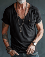 Herren Kurzarm T-Shirt mit V-Ausschnitt und Brusttasche in Schwarz