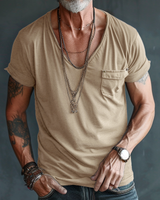 Herren Kurzarm T-Shirt mit V-Ausschnitt und Brusttasche in Khaki